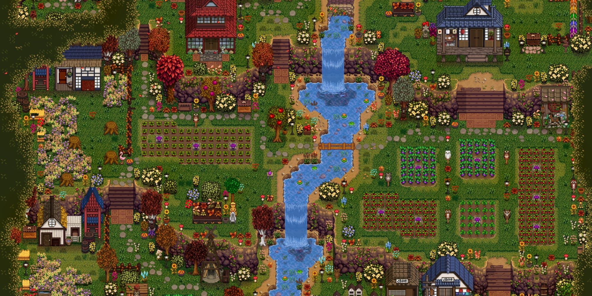 A Stardew Valley farm map that features a lot of flowers as wel as a small river