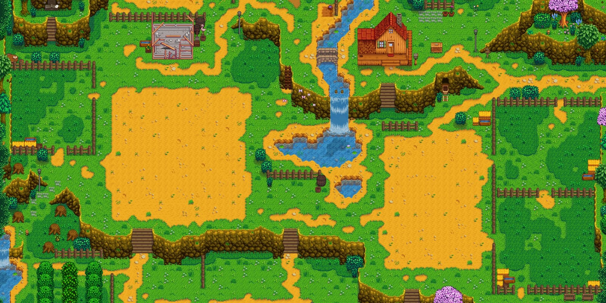 A Stardew Valley map with some dirt plots for crops and a waterfall flowing into a pond