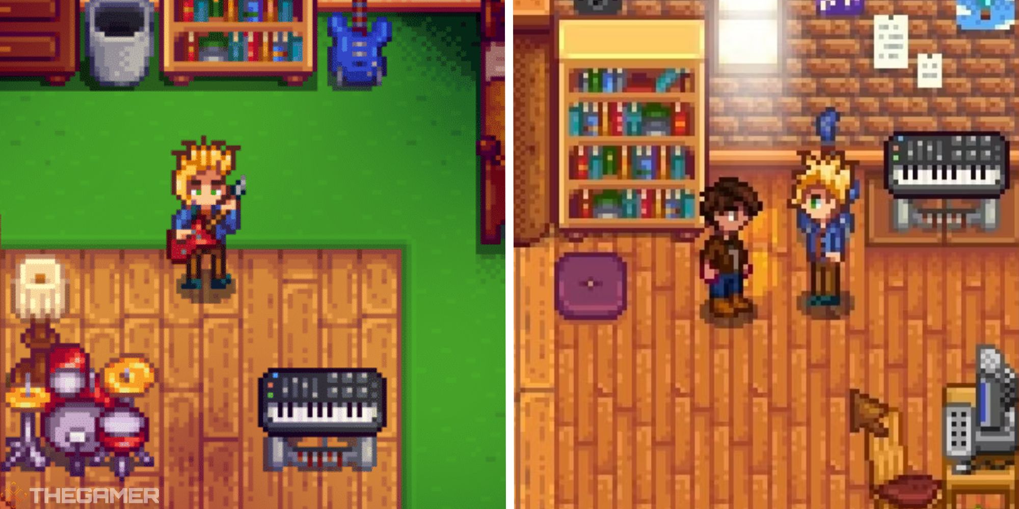 split image showing sam his room next to image of sam talking to player in farmhouse