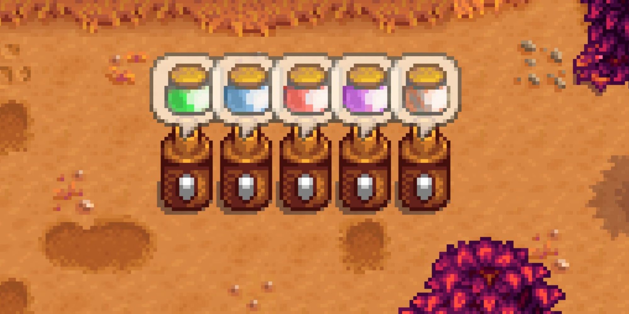 Stardew Valley, every color of slime mayonnaise, done in the mayonnaise machine and ready to be harvested
