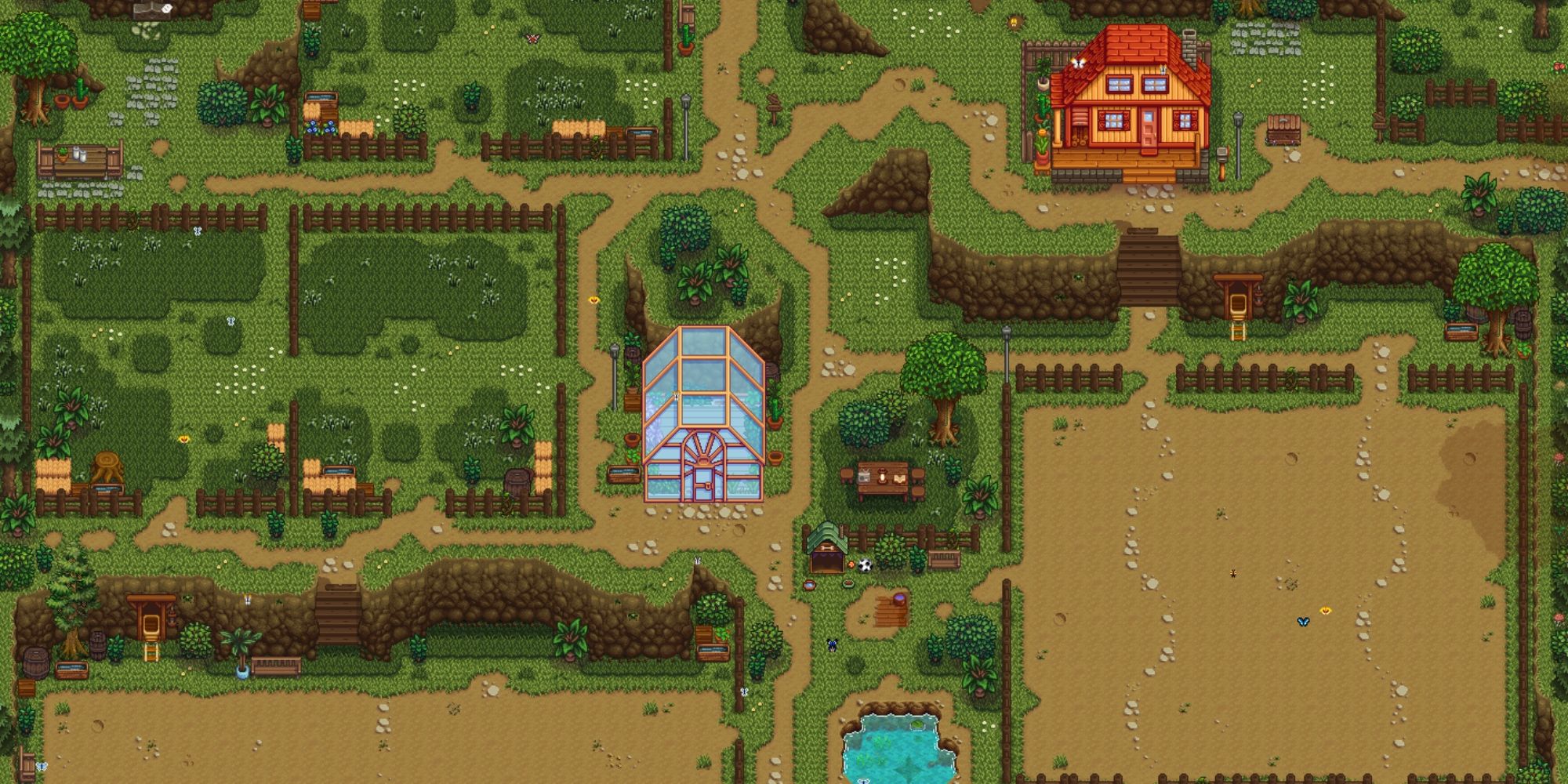 A Stardew Valley farm map with a fenced in plot for your crops and two fenced pens for your animals