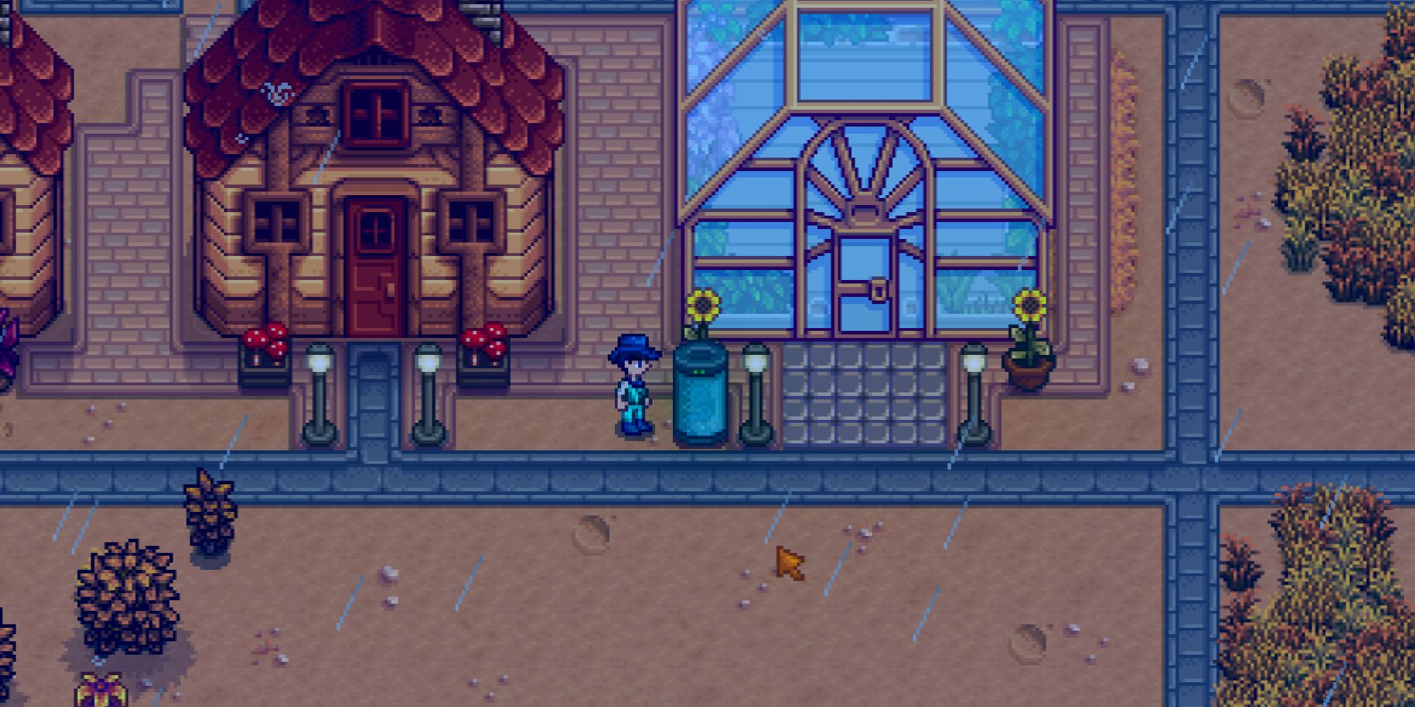 a player on a rain farm looks at a strange capsule
