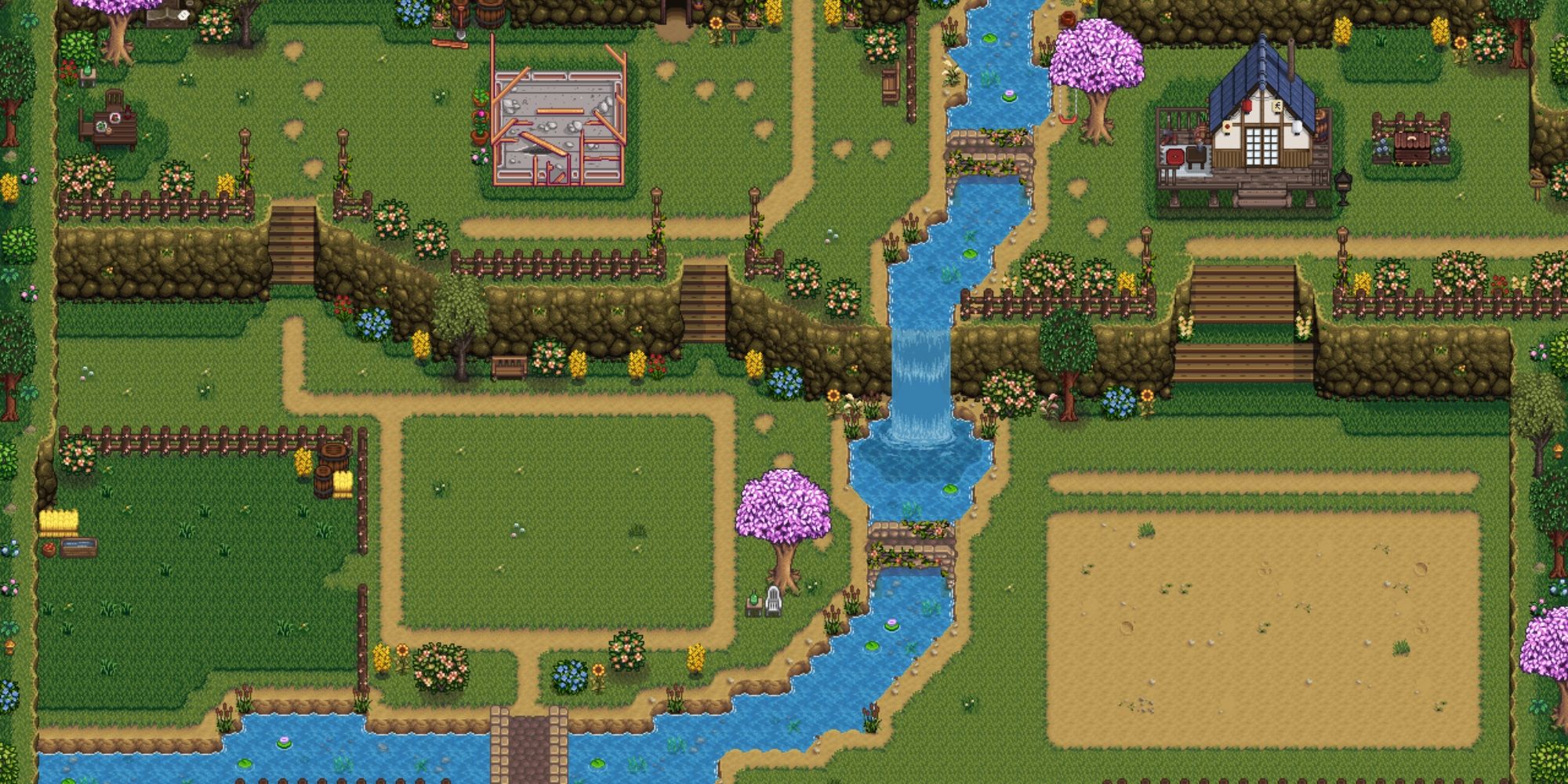 A simple Stardew Valley farm map that has separate plots for the crops and a winding river in the middle