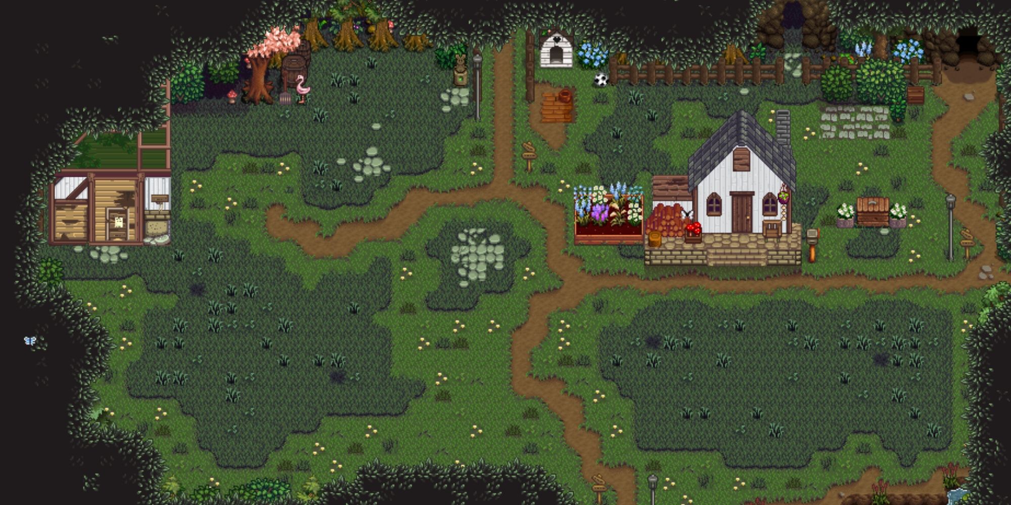 A small Stardew Valley farm map that's mostly grass with a couple of winding dirt paths
