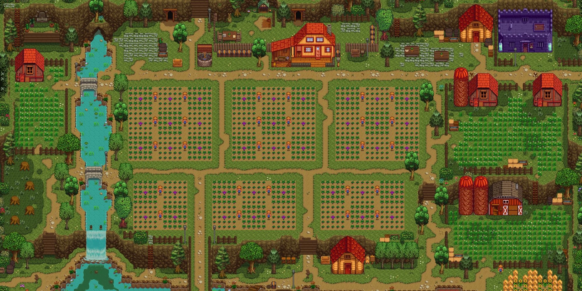 A Stardew Valley farm map full of crops