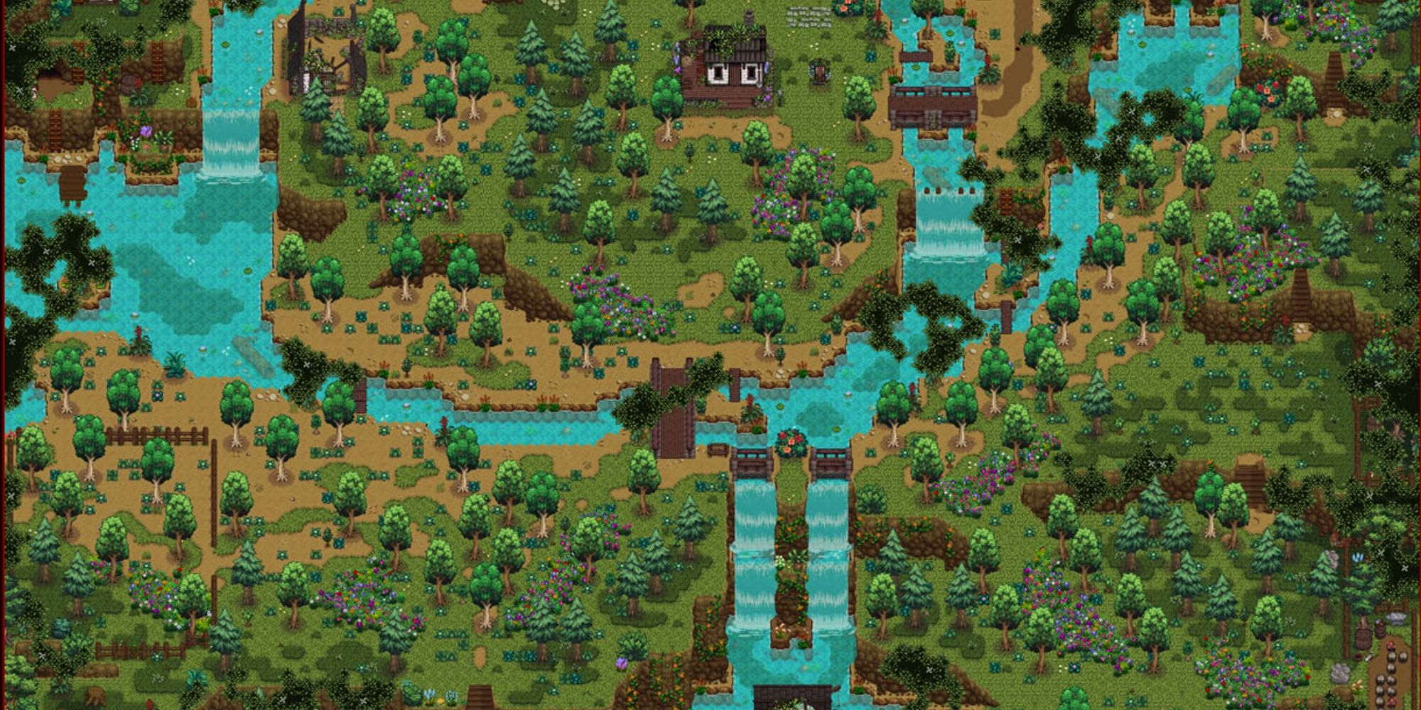 A large Stardew Valley Map full of trees and waterfalls