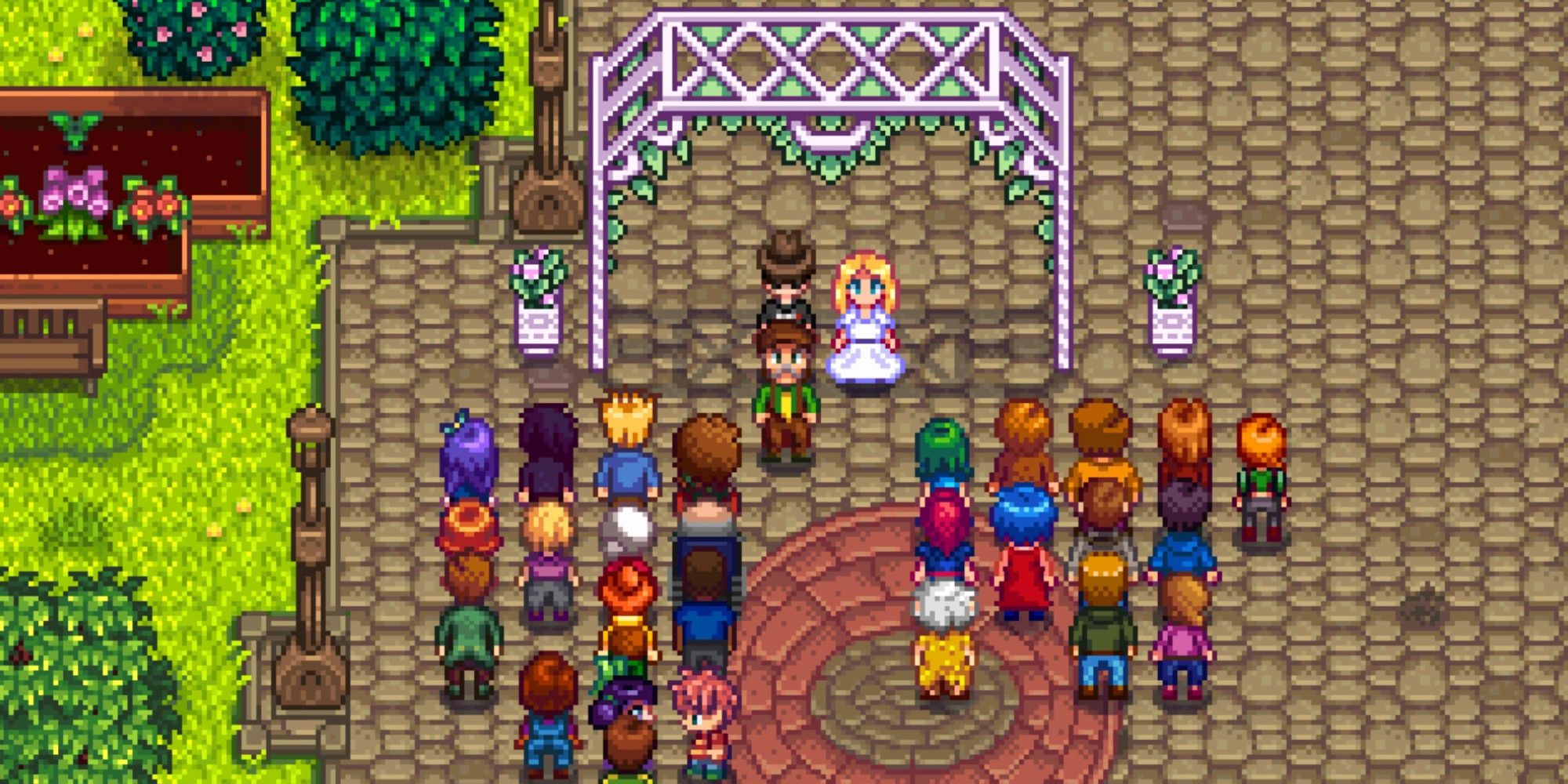 Two people being married in Stardew Valley in front of a crowd