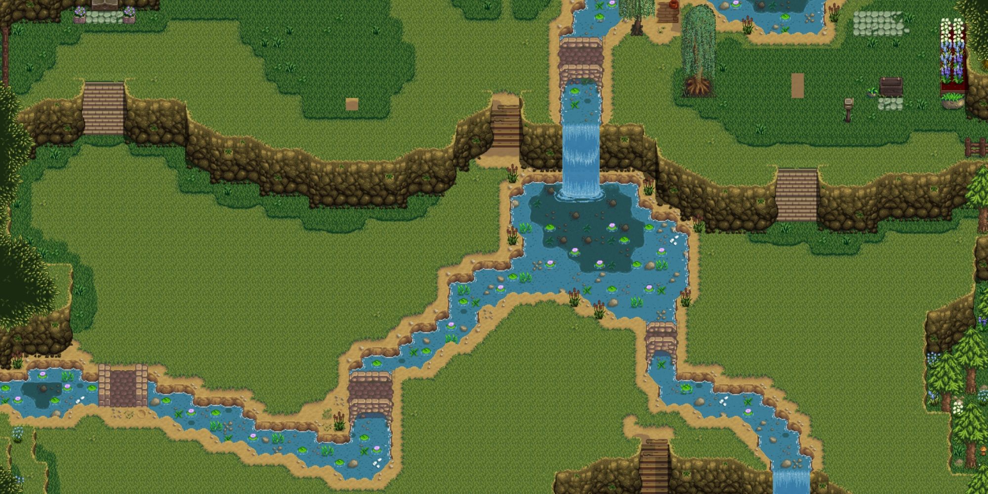 A Stardew Valley farm map with a branching river cutting through the whole thing