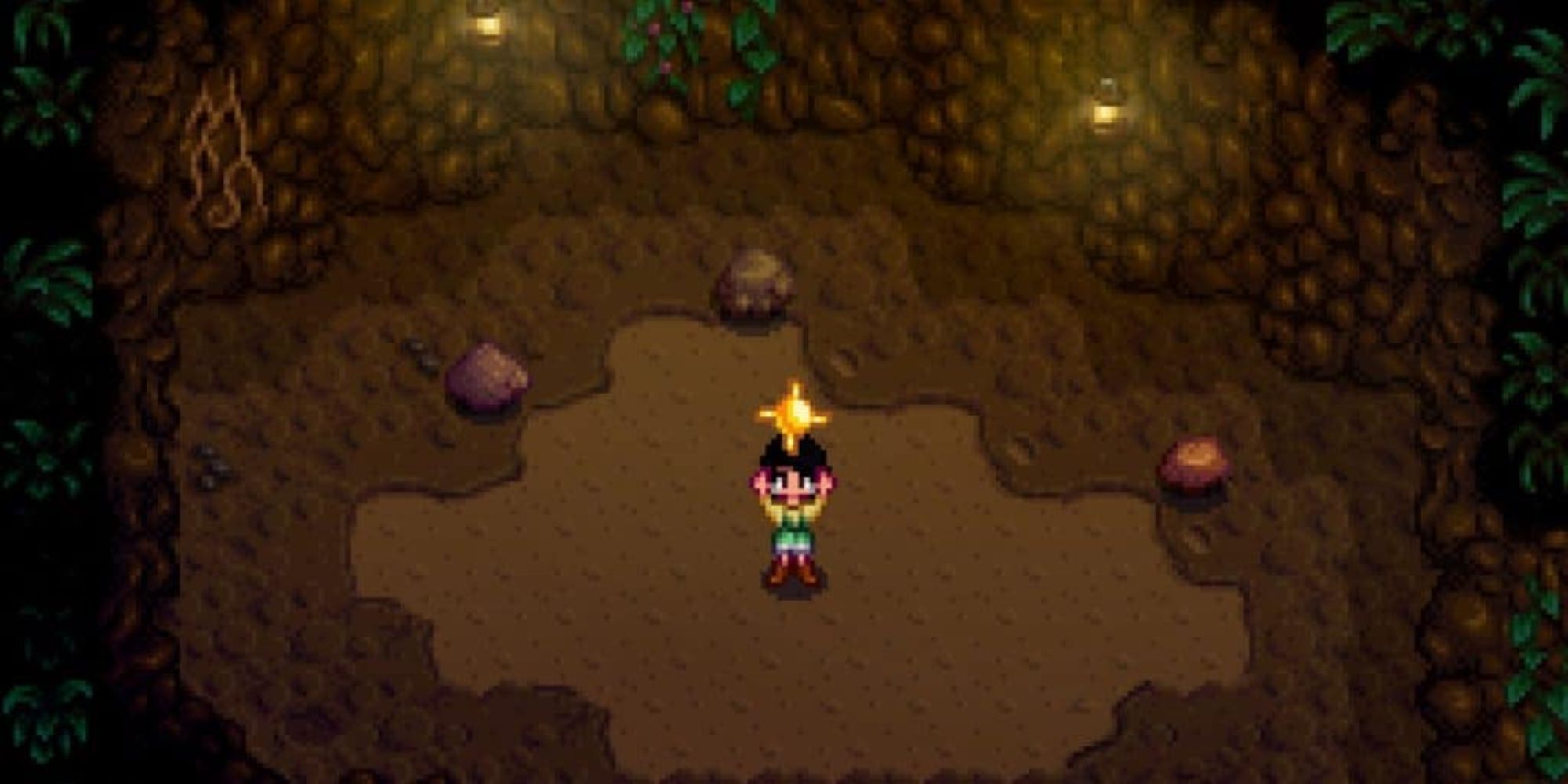 Stardew Valley farmer holding solar essence in a cave