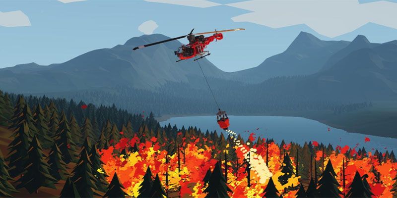 Stormworks gameplay footage showing a rescue mission involving a player-made helicopter and a water sprinkler below stopping a forest fire