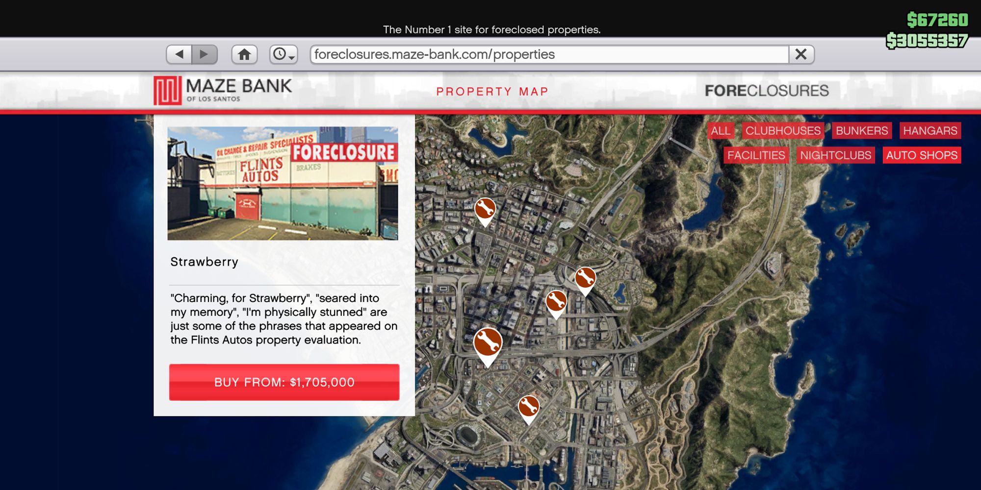 Image depicts a screenshot taken from Maze Bank Foreclosures in Grand Theft Auto Online, showing the location and price of the Strawberry Auto Shop. On the left is a white box showing what the location looks like, with the text 'Buy From $1,705,000' in a red box underneath.