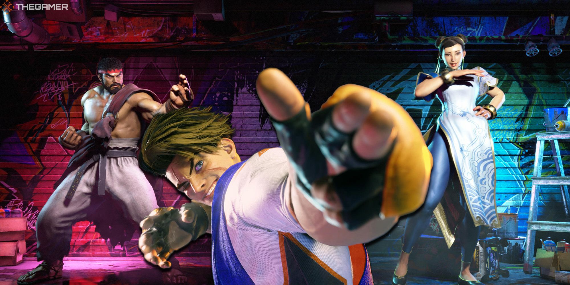 Luke, from Street Fighter 6, sends a jab forward while Ryu and Chun-li stand in the background against a graffiti adorned wall.