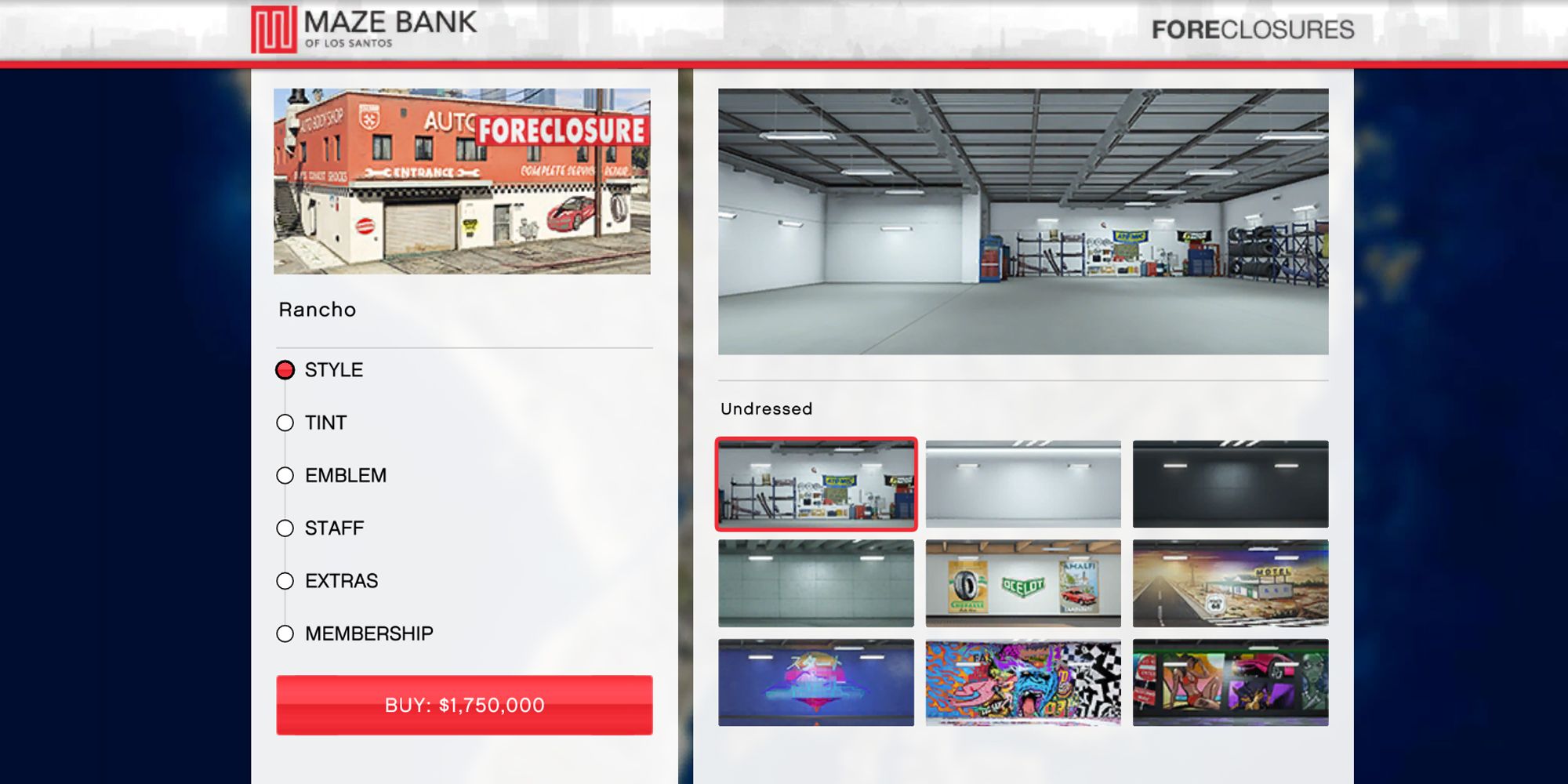 Image depicts the Style Upgrade Menu on Maze Bank Foreclosures in Grand Theft Auto Online. On the left is a list of all of the upgrades available, and on the right are small rectangles showing a preview of the different styles available to decorate the Auto Shop.