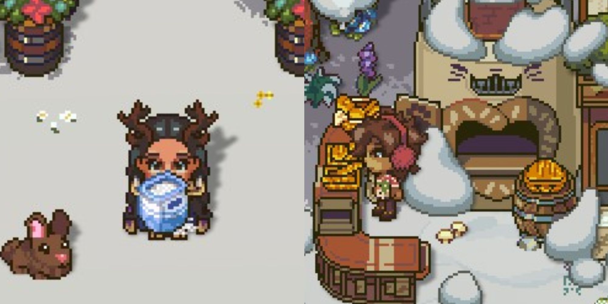 sun haven player holding sugar with brown bunny pet and liam in winter clothes at bakery