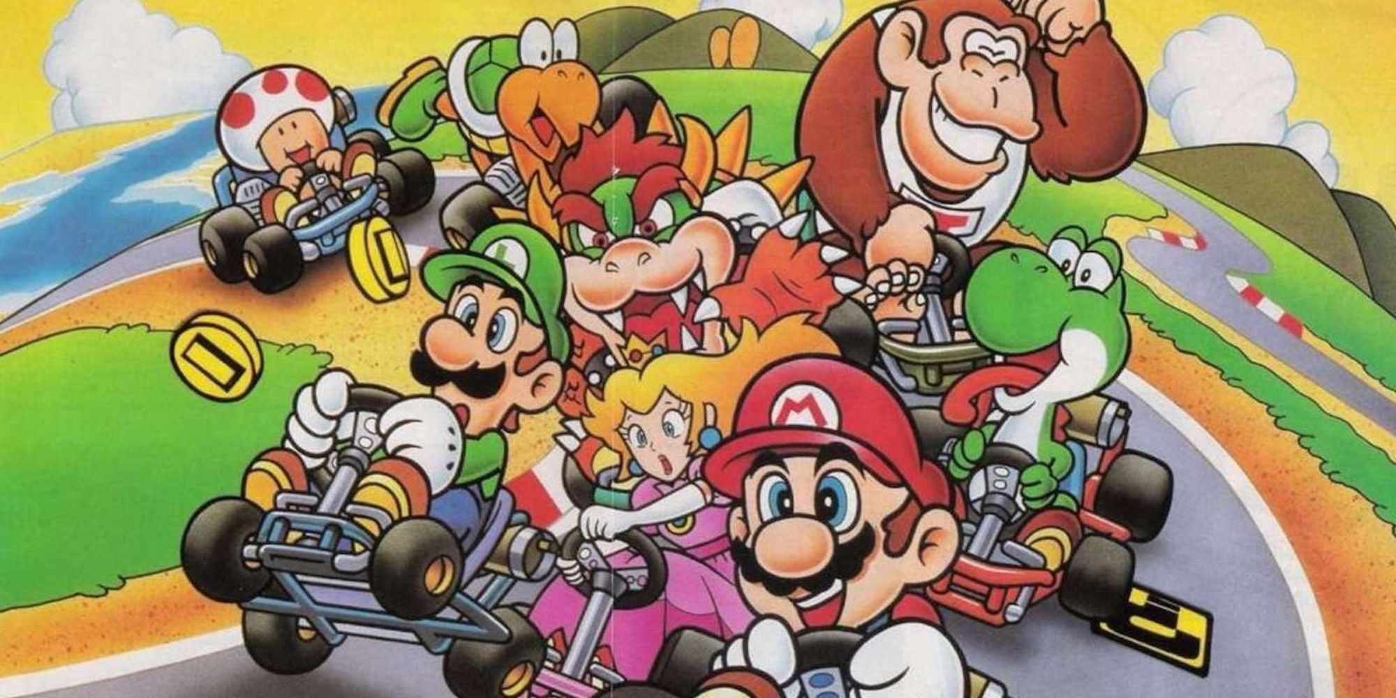 Mario drives ahead of Luigi, Peach, Yoshi, Bowser, Donkey Kong Jr., Koopa Troopa, and Toad
