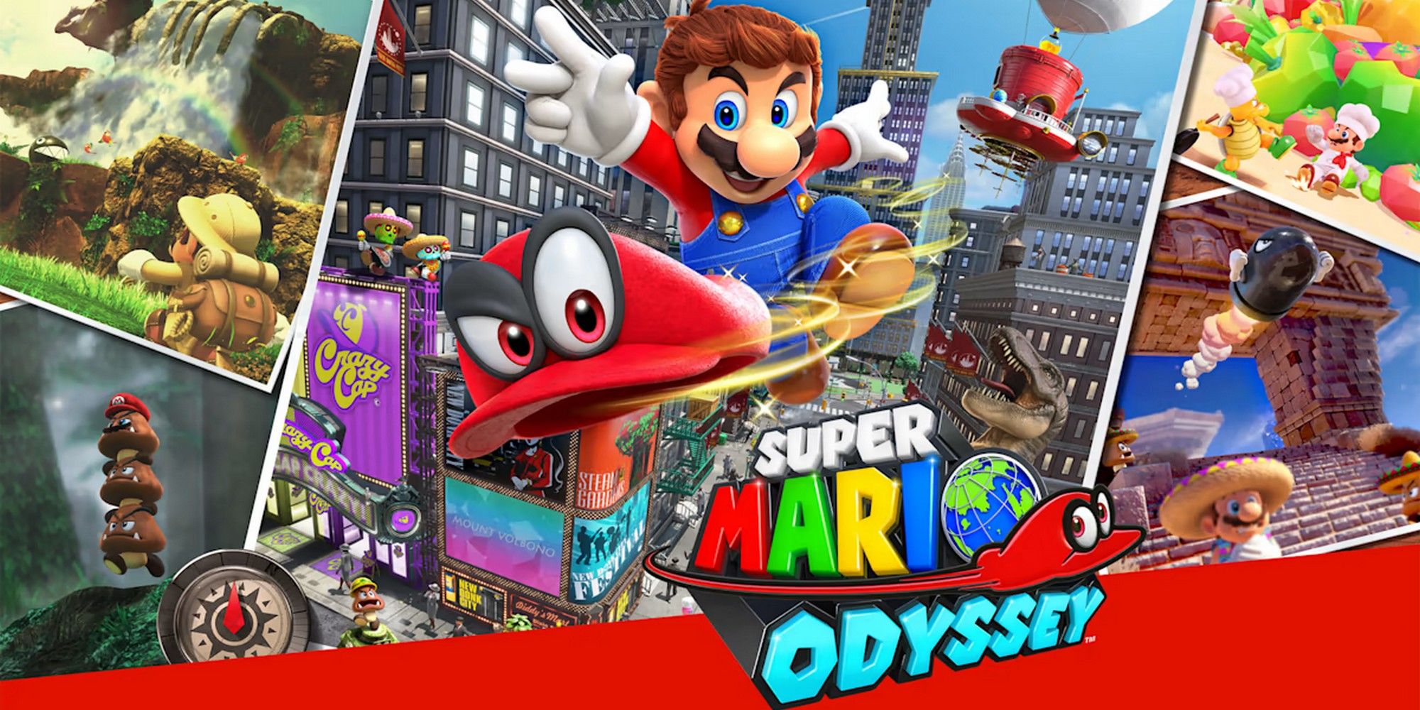 Best Motion Games Switch - Super Mario Odyssey - Mario Throwing Cappy While Surrounded By Images Of Locations From The Game
