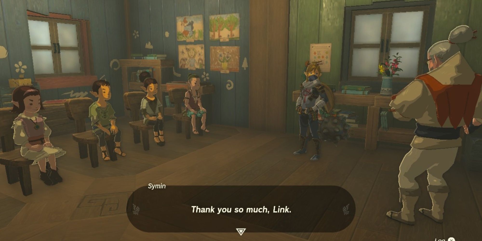 Symin thanking Link in the school classroom in Tears of the Kingdom