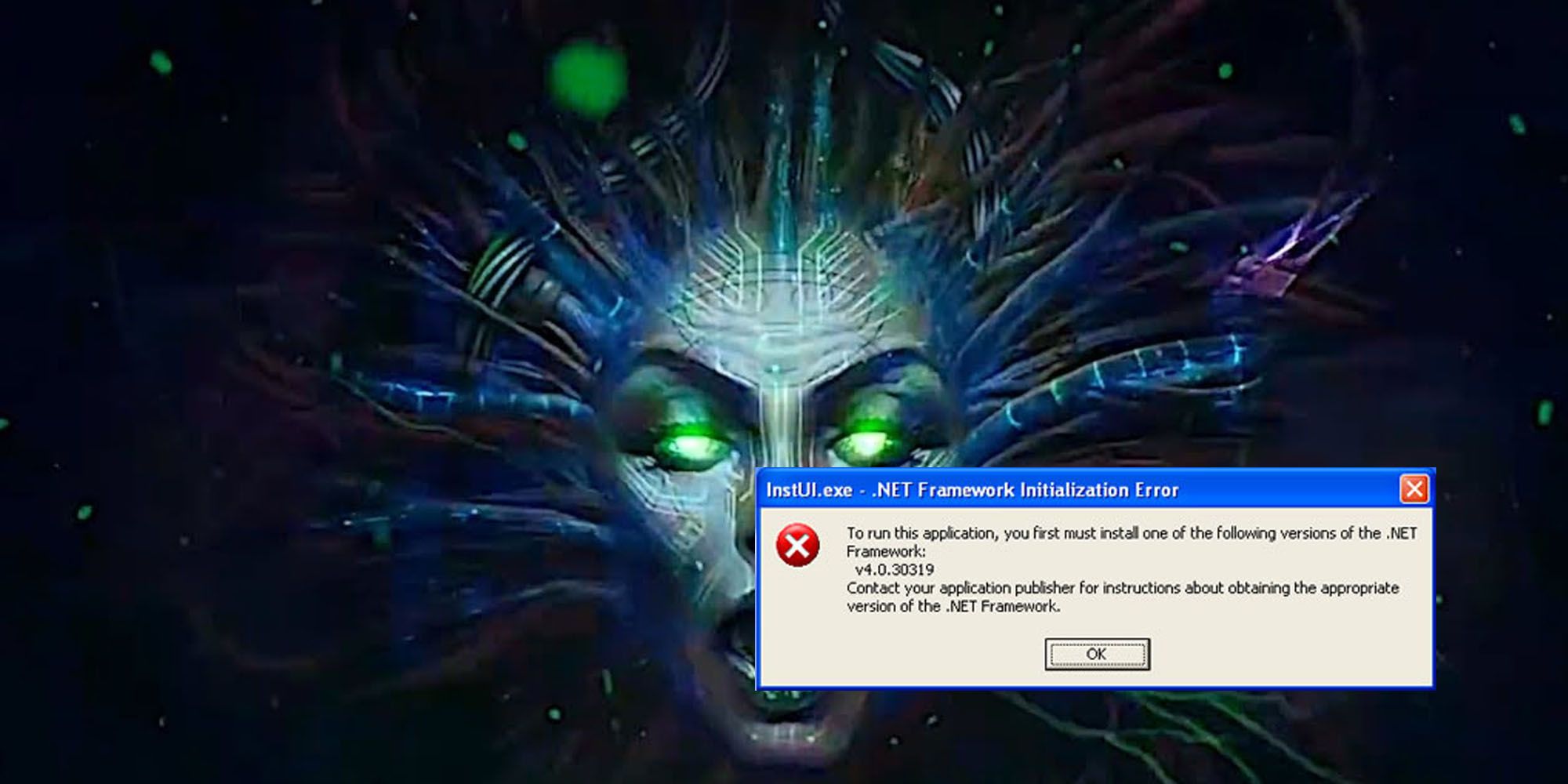 System Shock key art of SHODAN with a Windows XP error in the bottom right