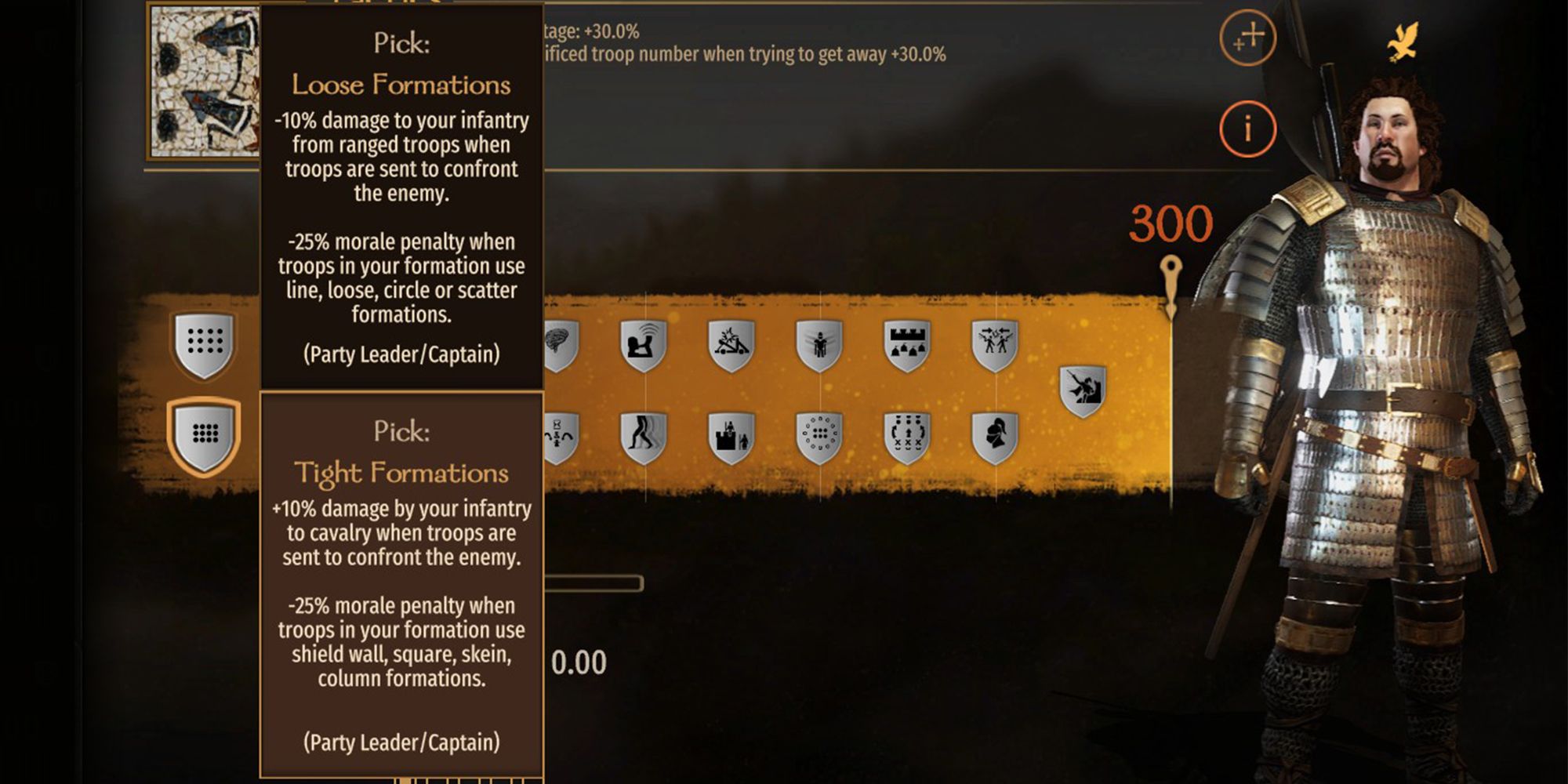 Tactics Tight Formation Perk Menu Description +10% damage to cavalry by infantry when troops are sent to face the enemy. -25% morale penalty when troops in formation use shield wall, square, skein, and column formations.