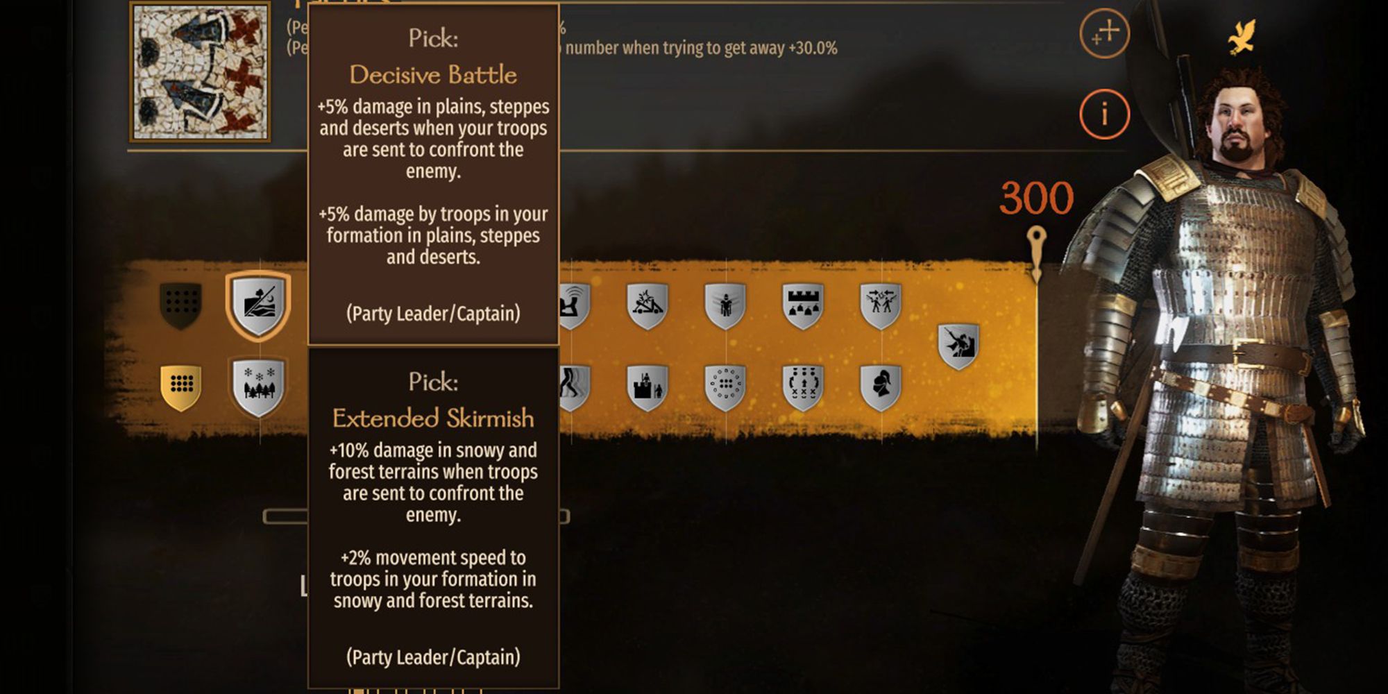 Tactical Showdown Perk Menu Description +5% damage in plains, grasslands, and deserts when troops are sent to face the enemy. +5% damage from units in formation on plains, grasslands, and deserts.