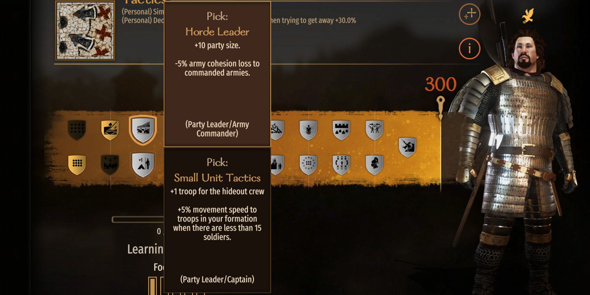 Tactics Horde Leader Perk Menu Description +10 party size. -5% troop cohesion loss to commanded troop.