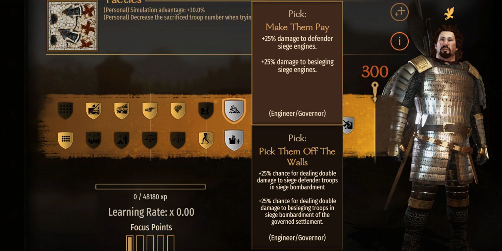 Tactics Make Them Pay Perk Menu Description +25% damage to defenders and siege engines.  Siege +25% damage to siege engines.