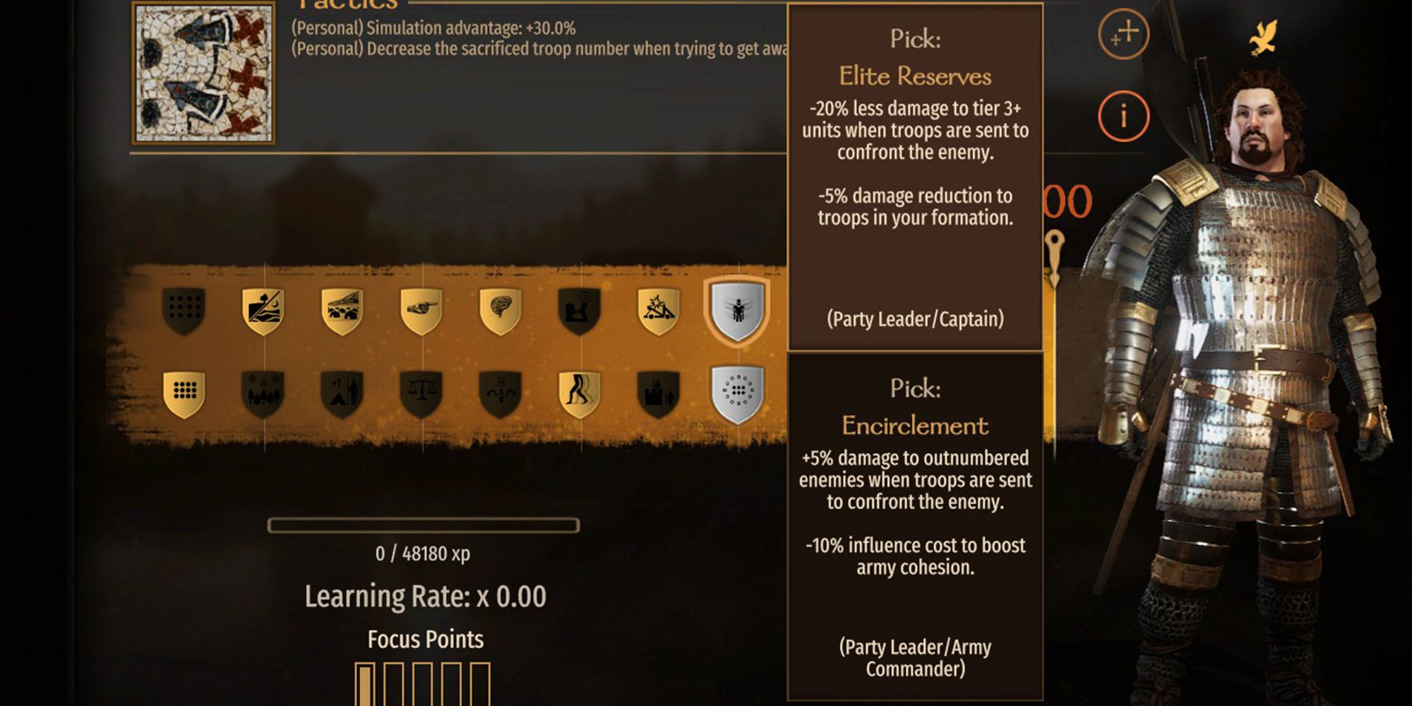 Tactics Elite Reserves Perk Menu Description When troops are sent to face an enemy, they take -20% less damage to Tier 3 and above units. -5% damage reduction to units in formation.