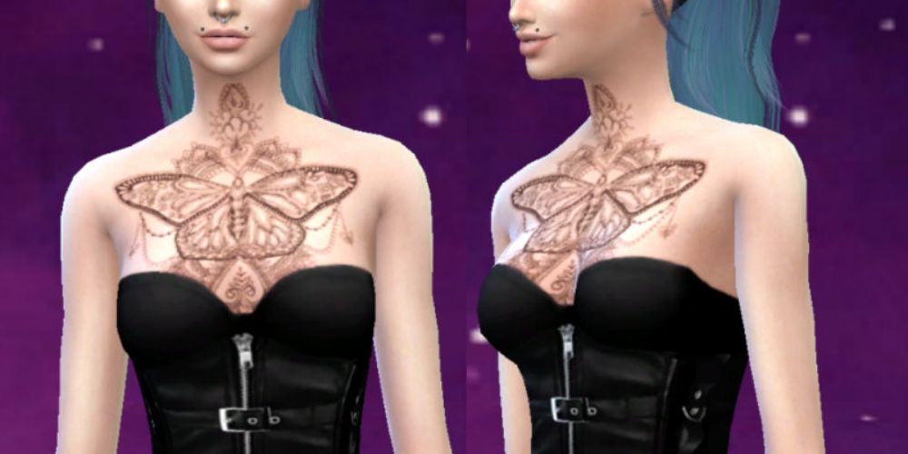 Large butterfly tattoo on Sim's chest with a front and three-quarter angle