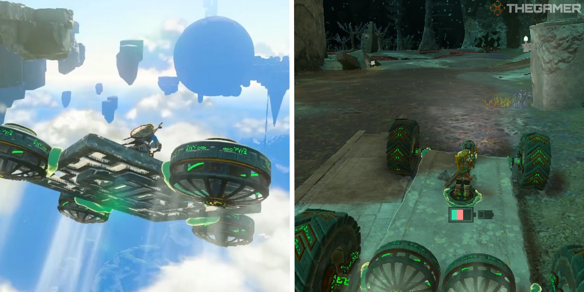 split image showing flying machine next to image of wheeled vehicle in chasm