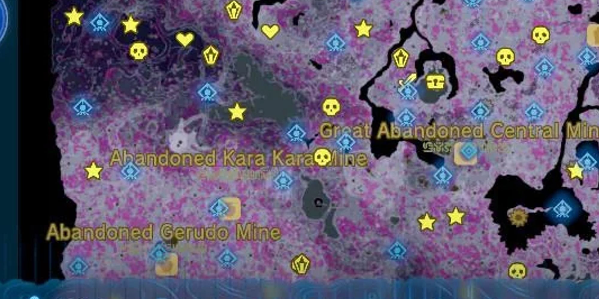 tears of the kingdom gerudo mine on map, also showing the kara kara mine and great mine
