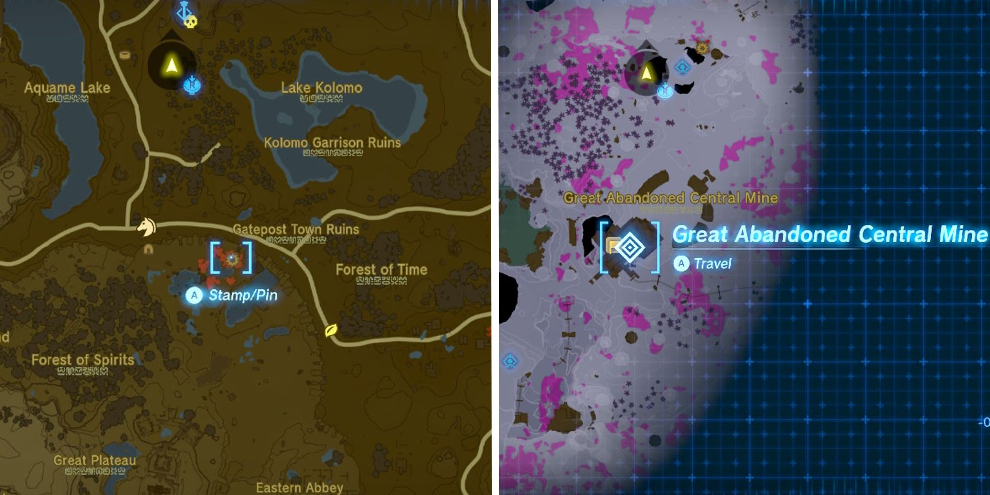 split image with chasm location selected, next to image of the great abandoned central mine on the map