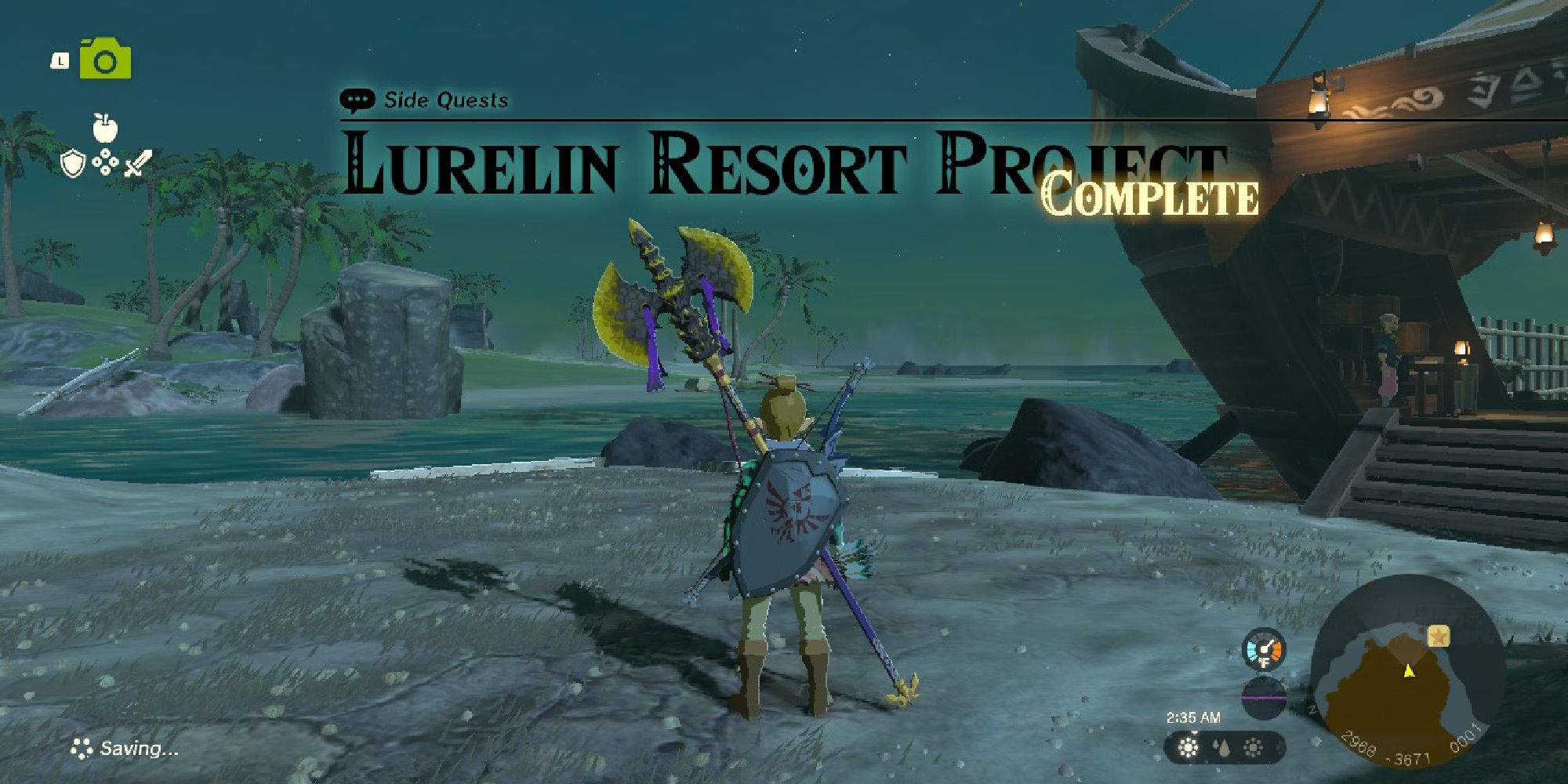 tears of the kingdom lurelin resort project completion screen with link standing near the rally building