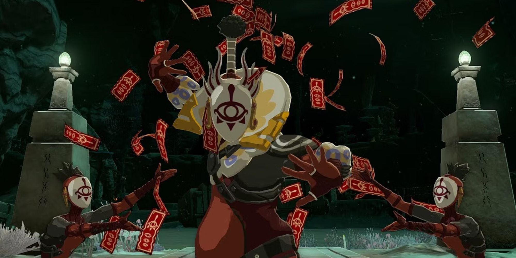 tears of kohga kingdom master with two yiga clan members gesturing to him