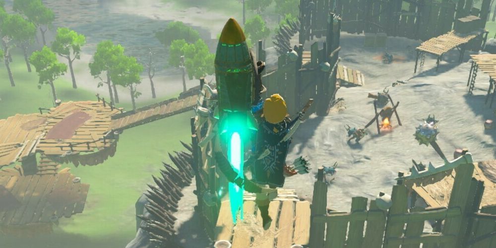 Tears of the Kingdom Link flying off with a rocket attached to the shield
