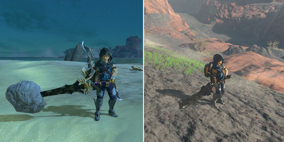 Tears of the Kingdom Left: Link holding a Royal Claymore; Right: Link holding a Cobble Crusher