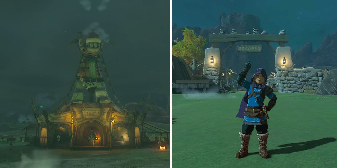 Tears of the Kingdom Left: New Serenne Stable Exterior; Right: Link under the Tarrey Town sign