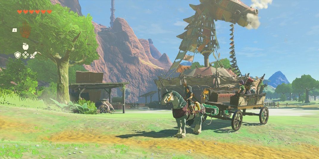 Tears of the Kingdom screenshot: Link riding a horse pulling a wagon with citizens riding inside in front of the stable