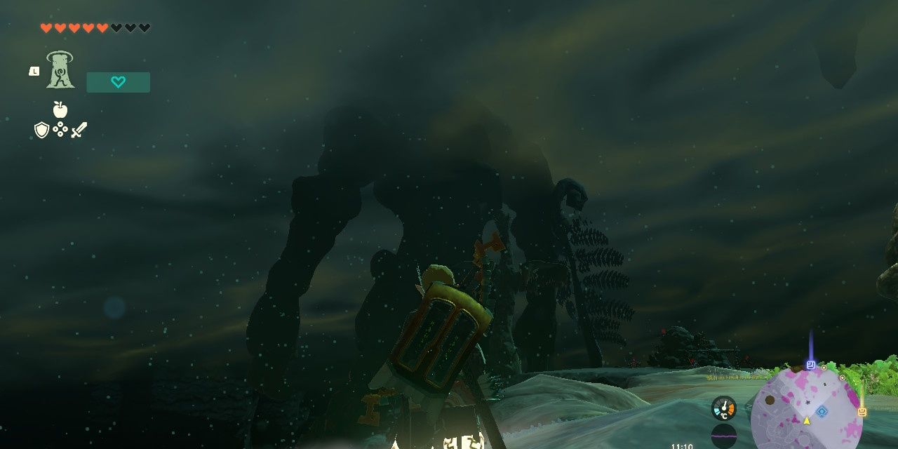 Link in Tears of the Realm standing behind the giant Jonai Statue in the Deep