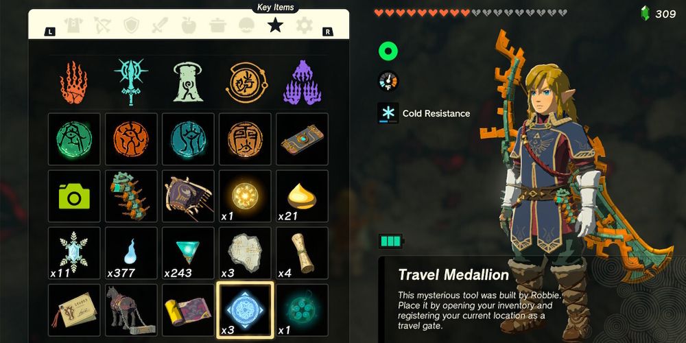 Travel Medallion description in the inventory, in The Legend Of Zelda: Tears Of The Kingdom.