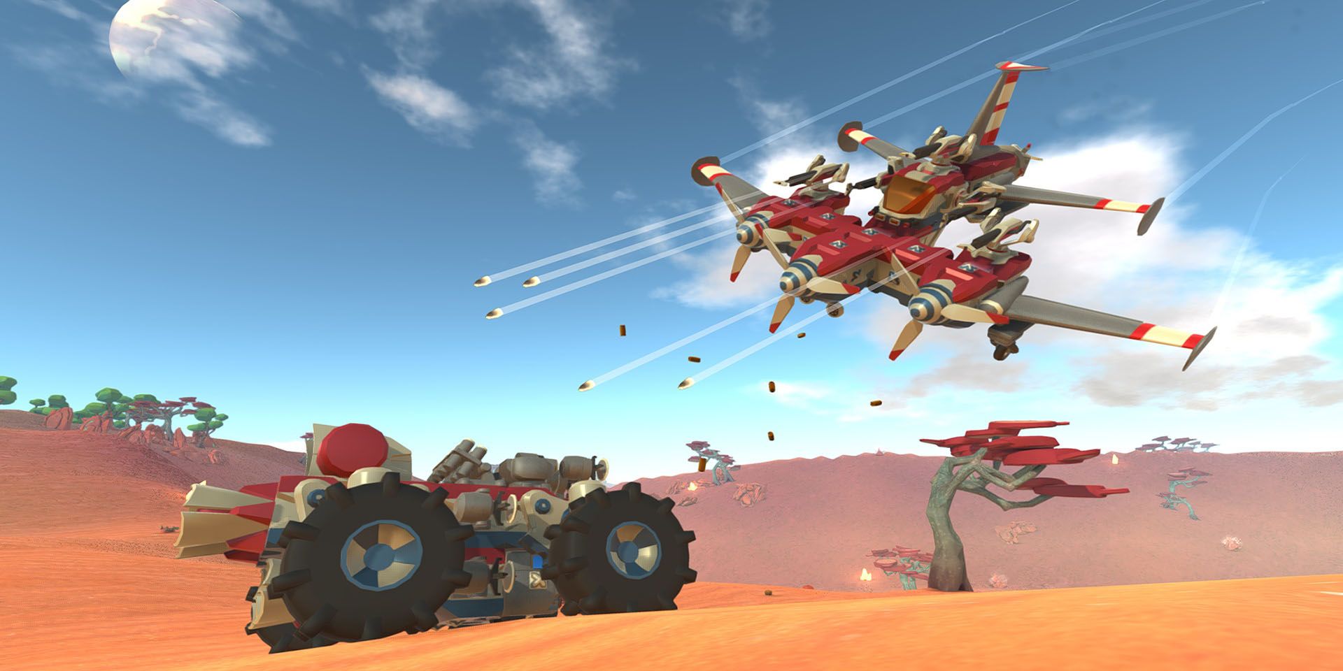Terratech promo image showing two player made vehicles, a jet propelled car and a plane with three propellors, battling over a sandy environment