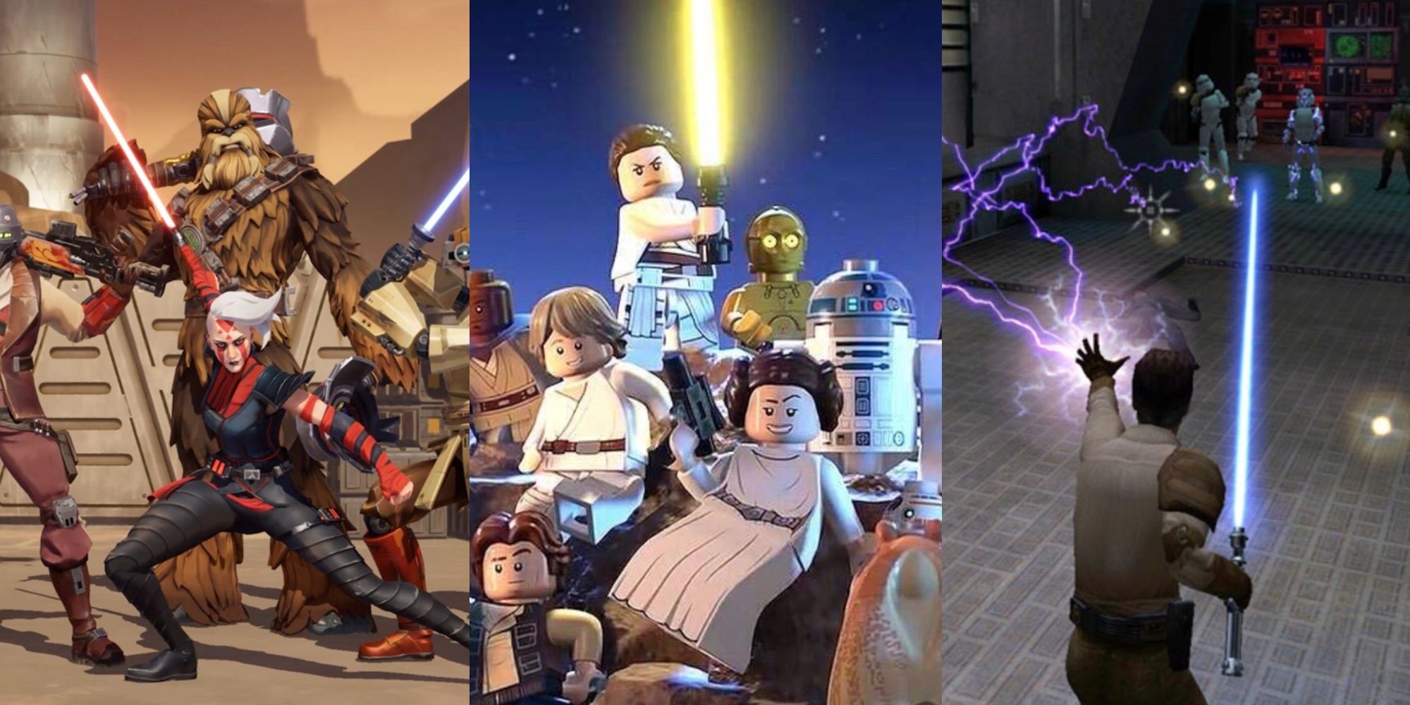 Several fighters pose together in Star Wars: Hunters. The Lego versions of the original cast crowd around for a photo. Kyle Katarn uses Force Lightning on some Stormtroopers.