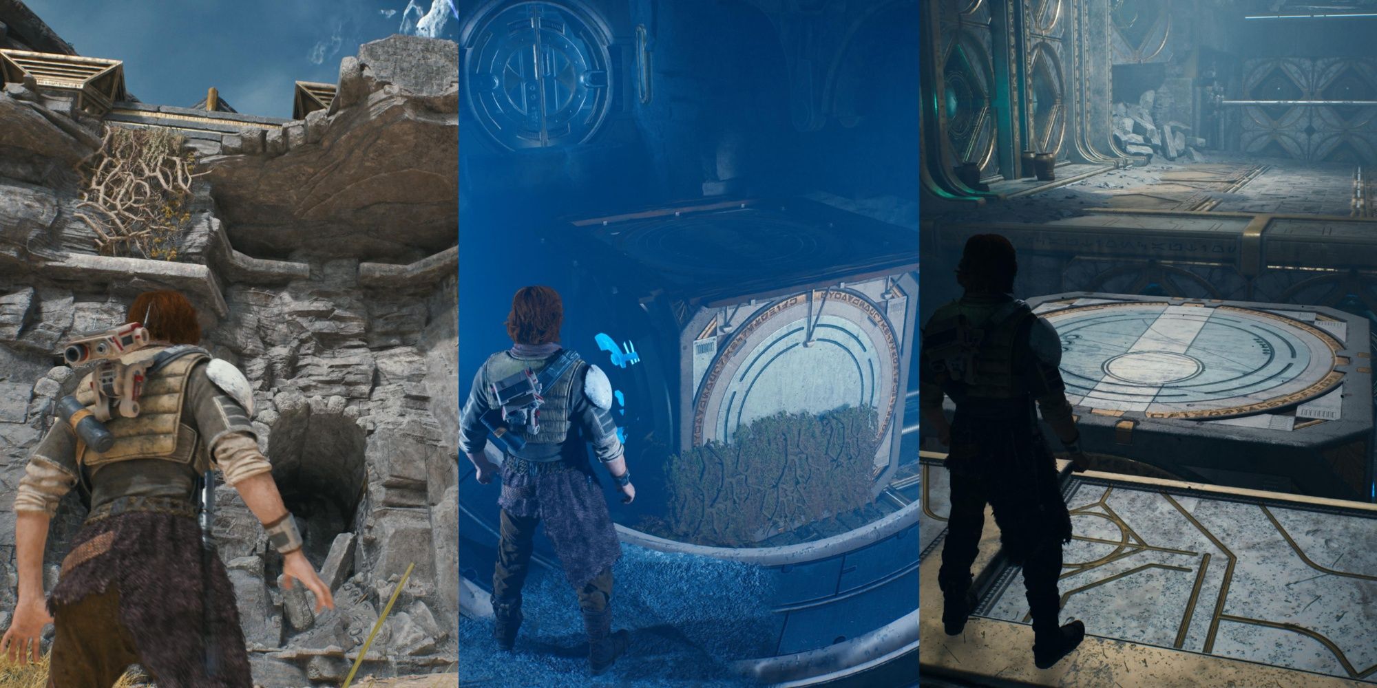 Cal in front of ruins and in the Chamber of Clarity in Jedi Survivor