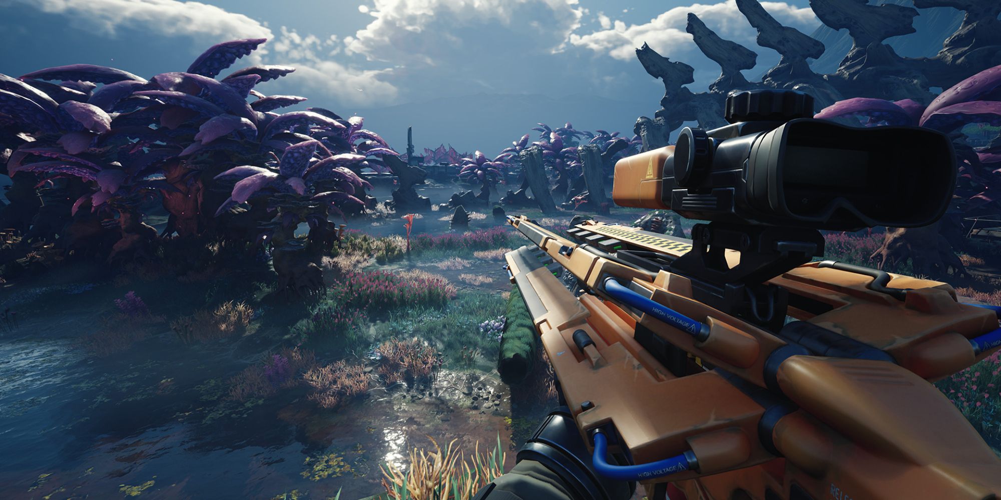 An image of from The Cycle Frontier of the player holding a massive orange sniper rifle.