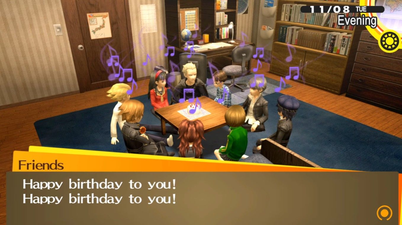 the invesitgation team in persona 4 golden singing happy birthday to shu for one rank of shu social link in p4g