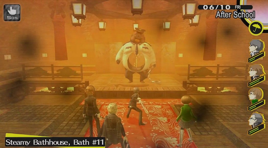 the investigation team just before taking on intolerant officer for the steamy bathhouse bonus boss battle boss fight persona 4 golden p4g