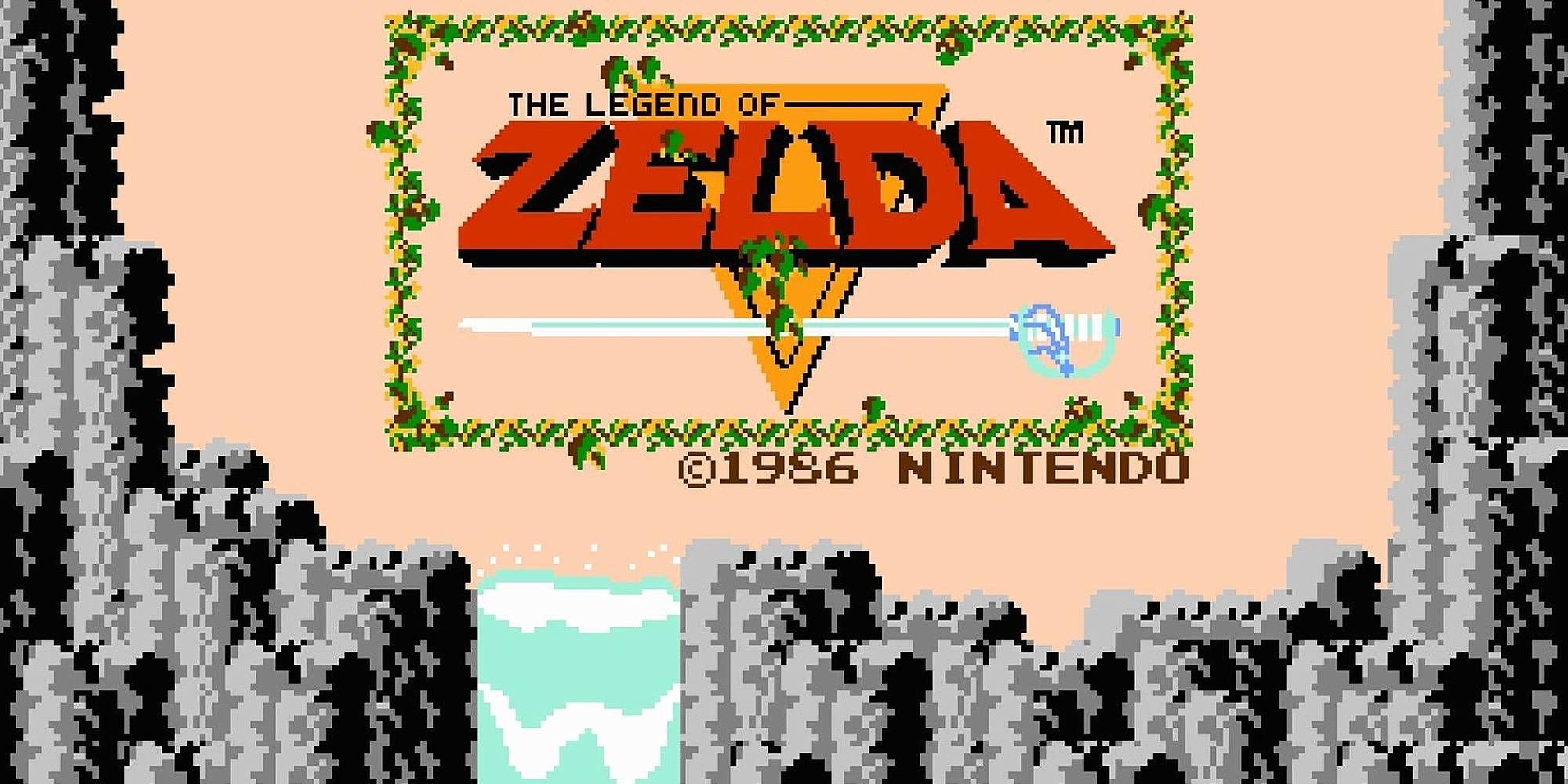 A screen showing The Legend of Zelda in bold font atop a pixelated waterfall