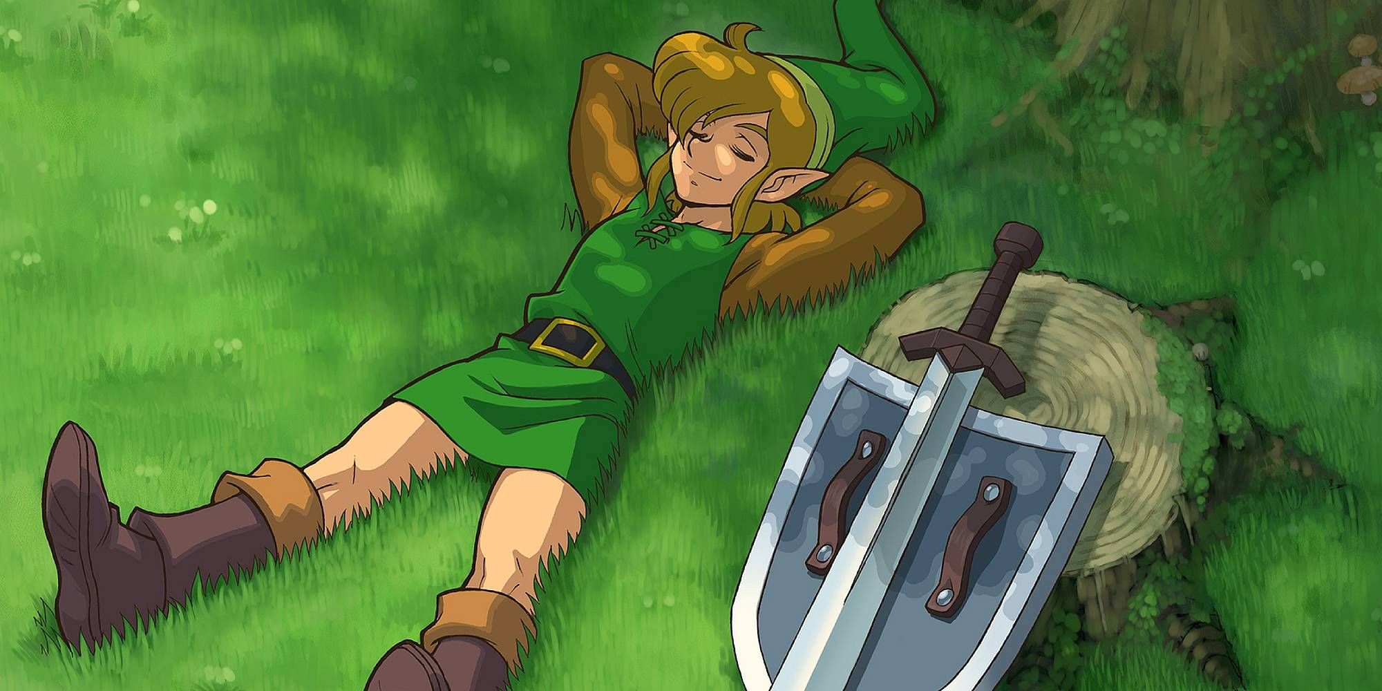 Artwork of a man in a green tunic laying on a field with a sword and shield resting nearby