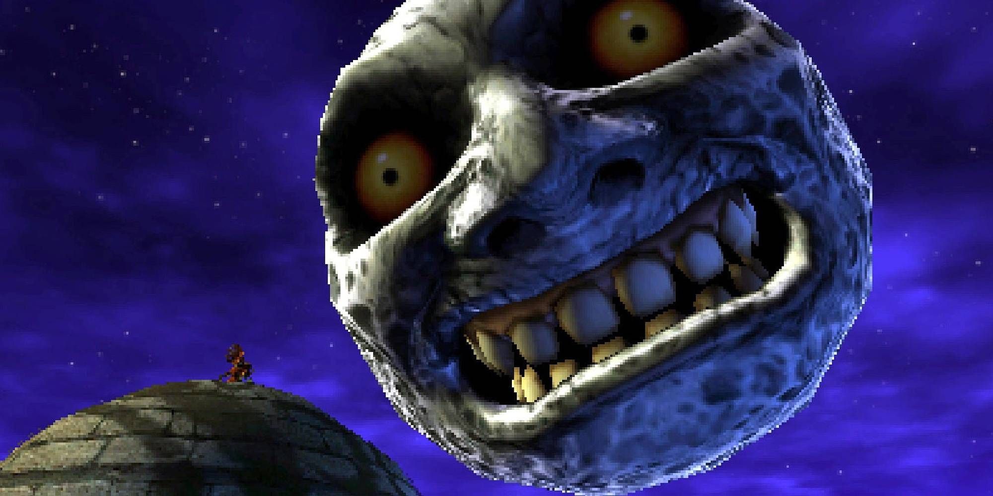 The moon from Majora's Mask descends close to a small figure on a rooftop