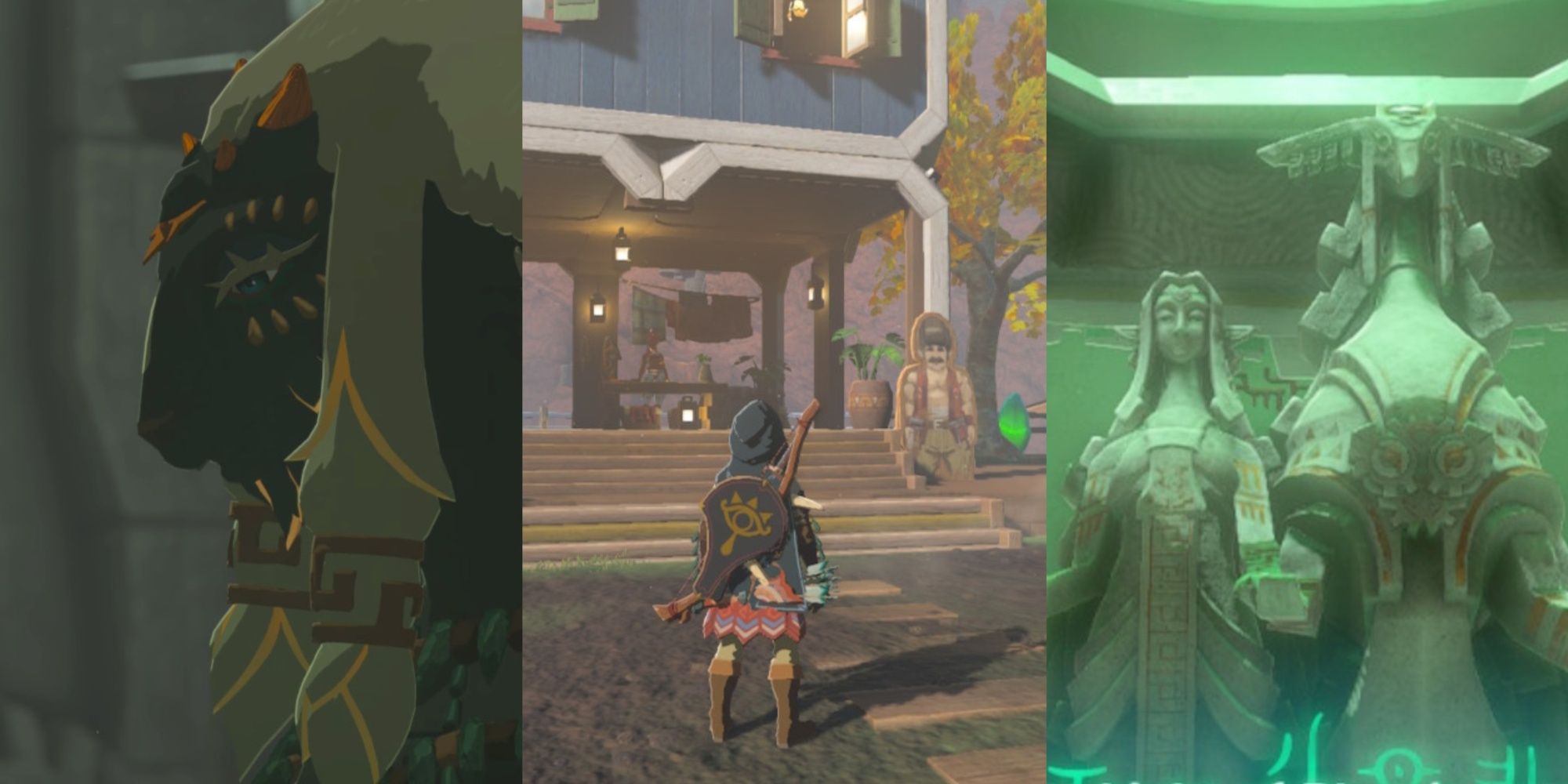A collage featuring Rauru, Link at the Hudson Construction Company HQ, and the statues of Sonia and Rauru in shrines.