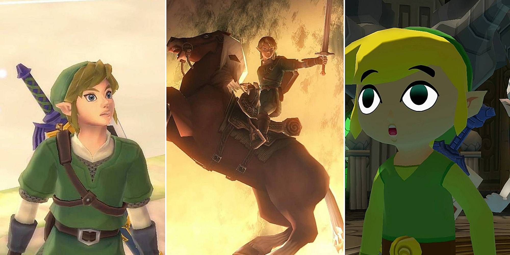 A collage of images featuring Link in a green tunic, Link riding a horse with fire in the background and Toon Link